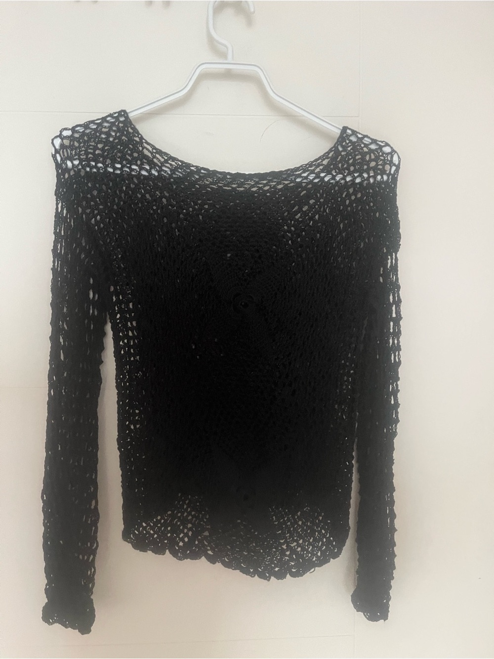 Black Crochet Open-Weave Long Sleeve Top with Flower Pattern
